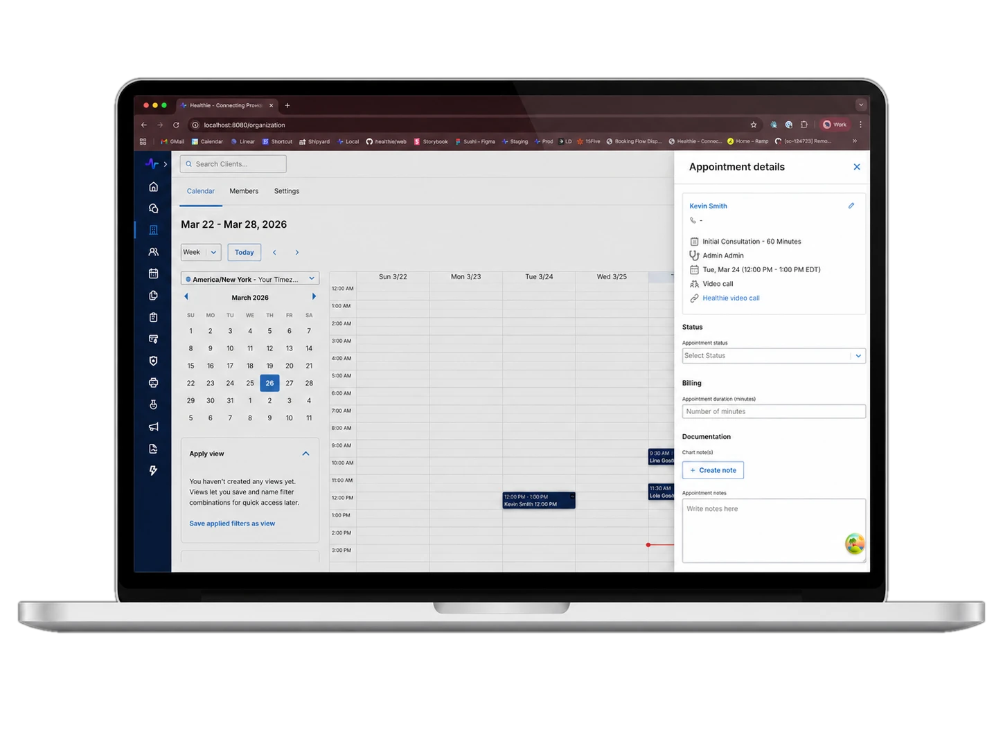 Healthie calendar with the appointment details panel open