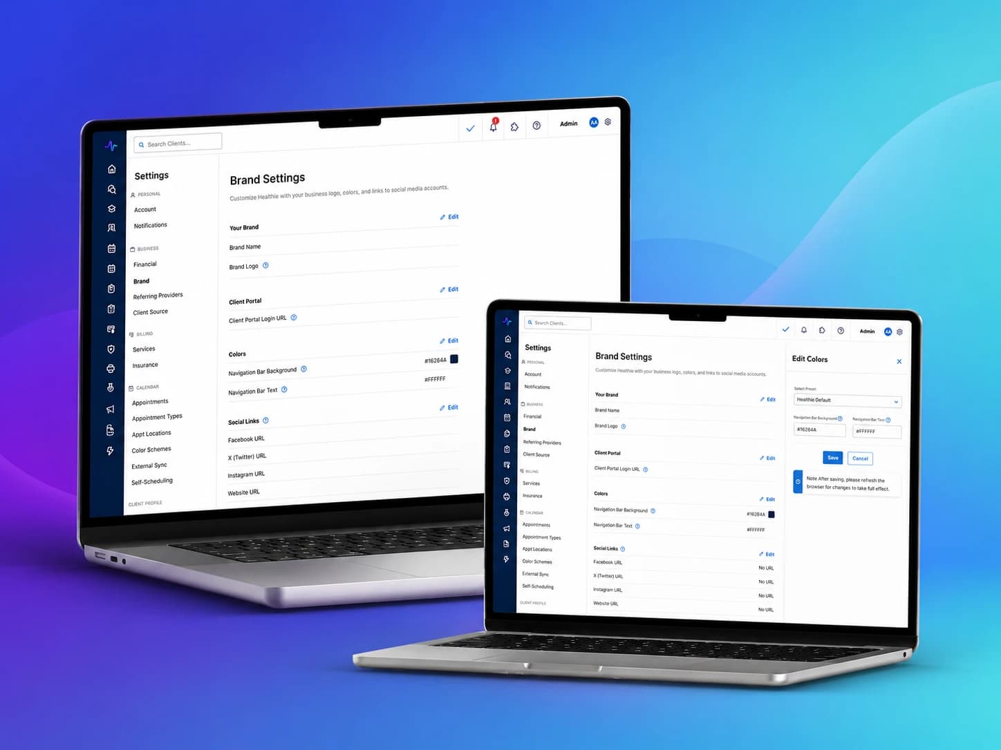 Healthie brand settings rendered in a customer theme