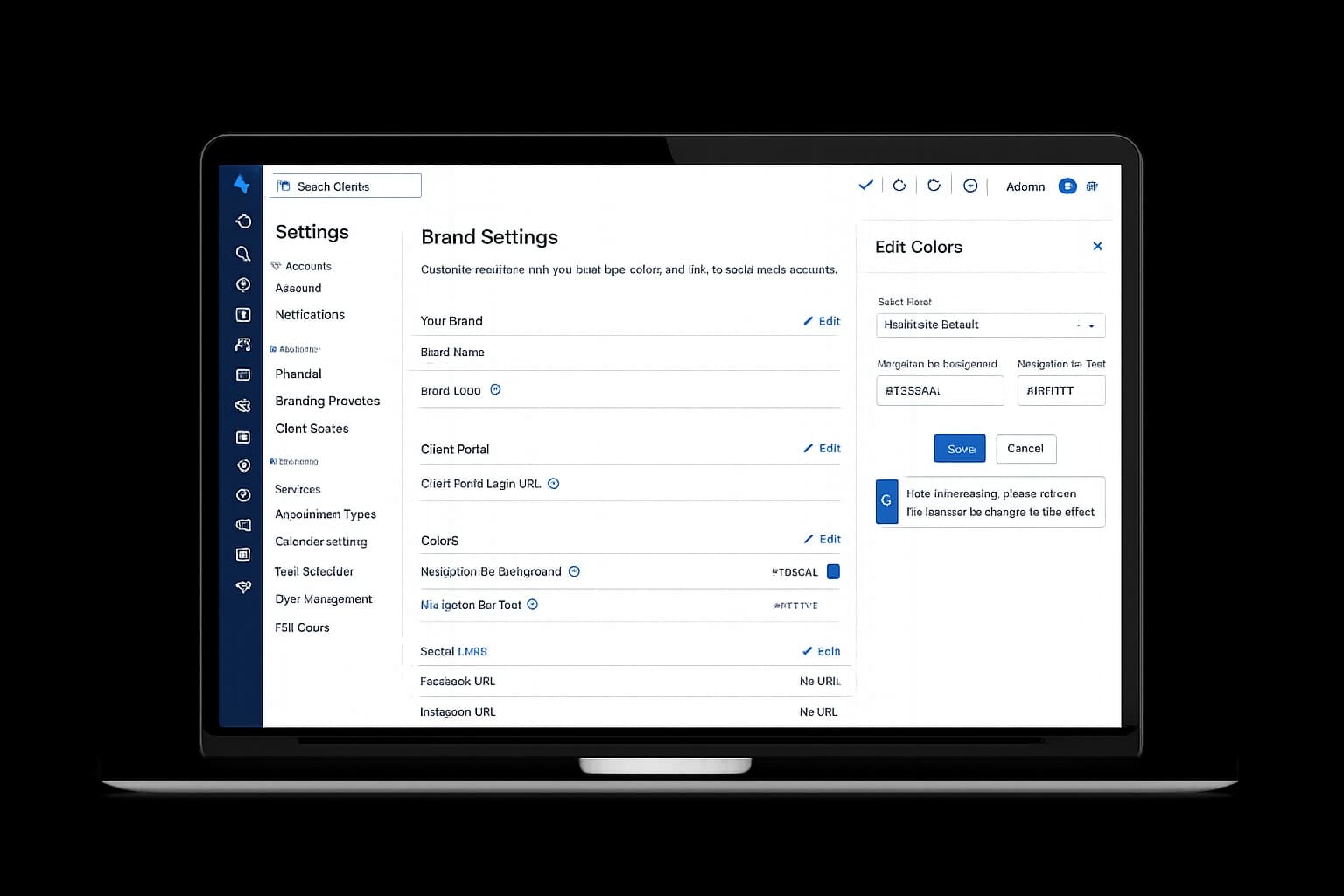 Healthie brand settings with the Edit Colors panel open