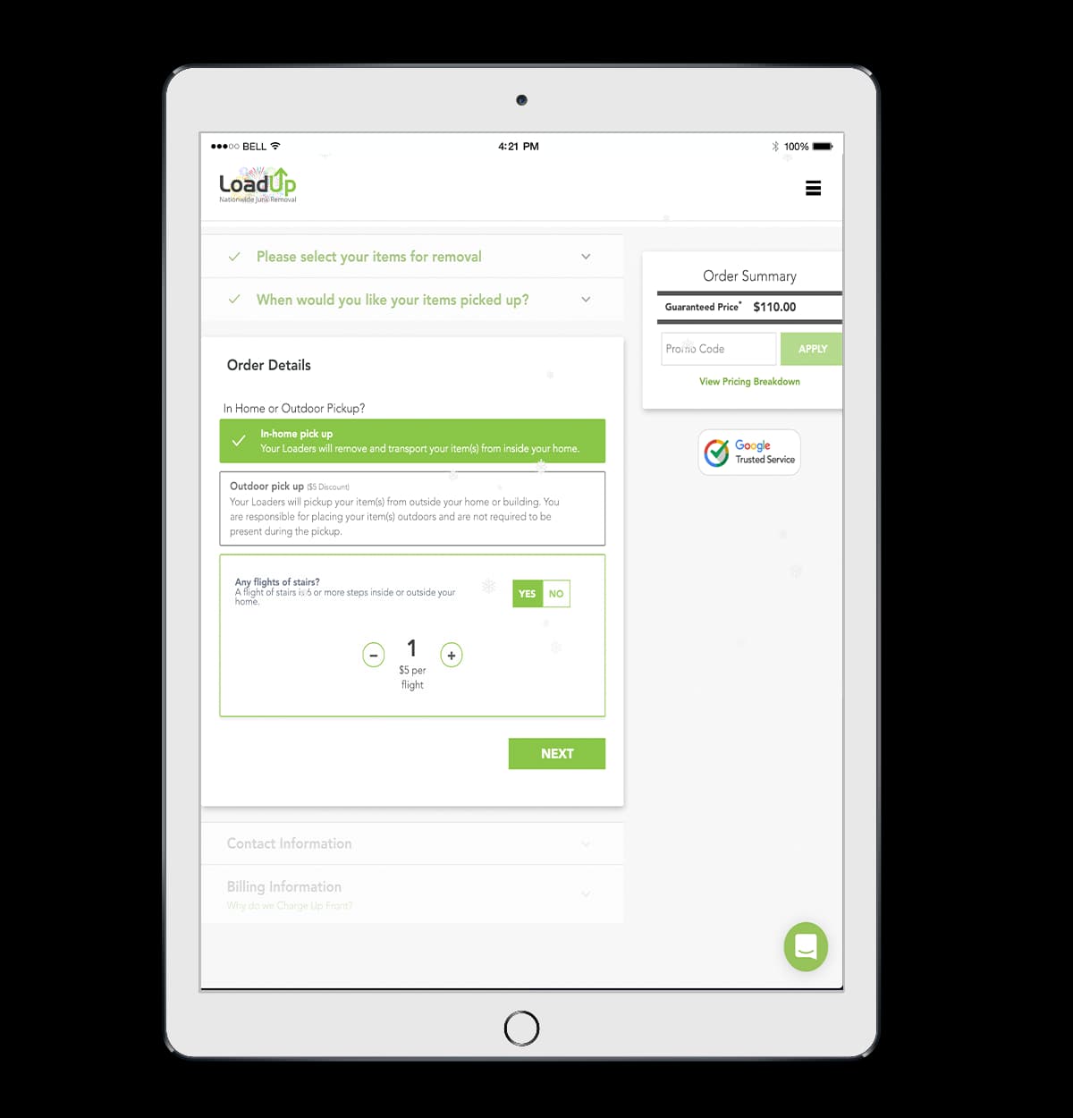 LoadUp booking widget tablet view, item picker