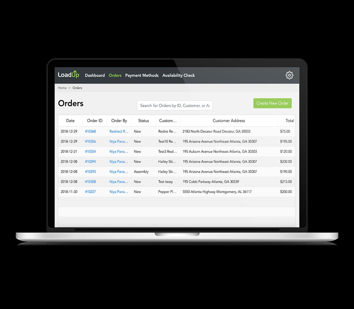 LoadUp order management view, line items and running total