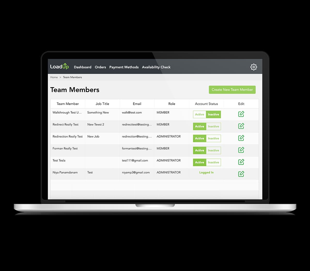 LoadUp admin dashboard, team management view